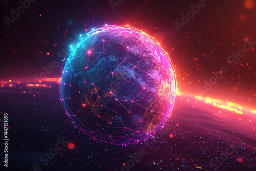 visually stunning 3D render of planet with neural neon nexus lines, grid, and nodes, representing advancement of technology and World Wide Web  