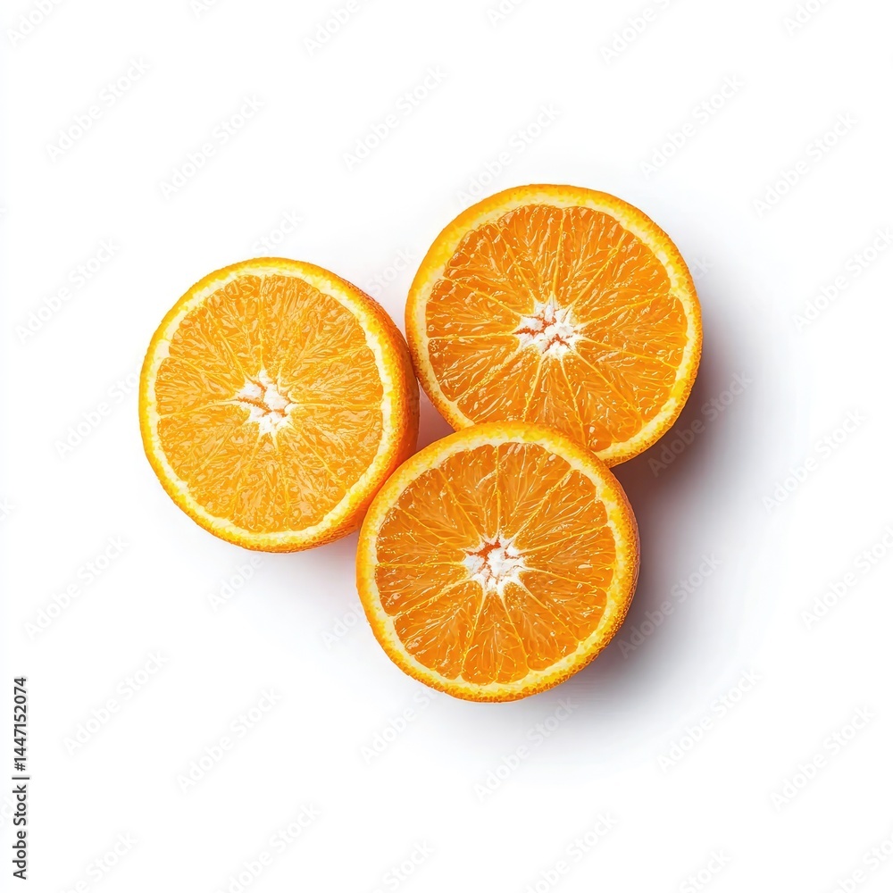 Fresh orange slices Three citrus halves, vibrant orange pulp, segments visible Perfect for juice or snack Fresh orange slices Three citrus halves, vibrant orange pulp, segments visible Perfect for juice or snack