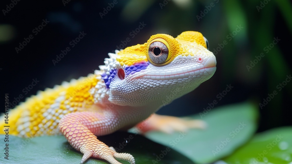 Obraz premium Detailed portrait showcases an exceptional yellow gecko with striking markings, demonstrating beauty found in nature, a testament to the wonder of zoology and animals