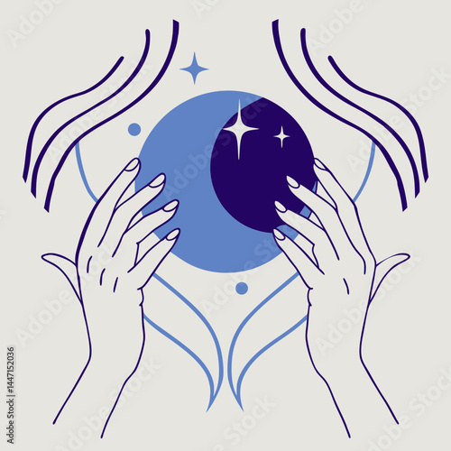 Esoteric symbol with hands holding the blue and dark sphere on a light background