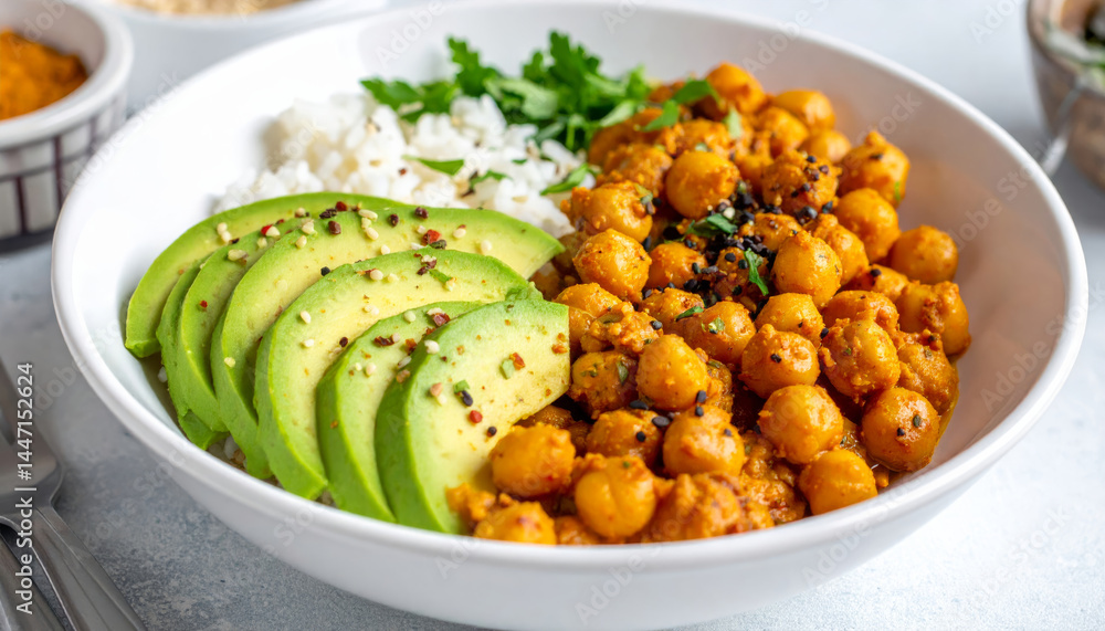 vegan bowl featuring chickpeas cooked flavorful curry sauce, served with sliced avocado, rice, and fresh cilantro. This dish is both nutritious and visually appealing, perfect for healthy vegan bowl featuring chickpeas cooked flavorful curry sauce, served with sliced avocado, rice, and fresh cilantro. This dish is both nutritious and visually appealing, perfect for healthy