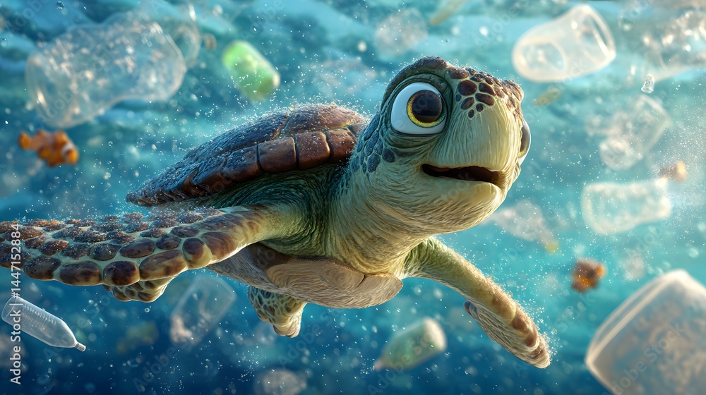 Fototapeta premium Sea turtle swims amidst plastic waste illustrating marine environmental damage