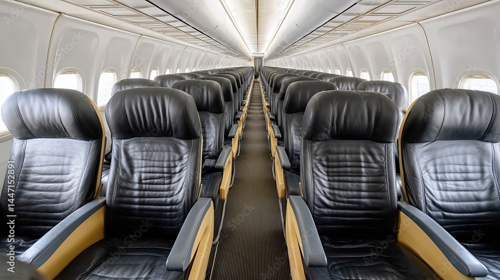 Fototapeta premium The aircraft interior features neatly arranged black leather seats, offering a clear perspective on business and economy class travel comfort.