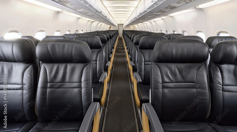 Obraz premium The aircraft interior features neatly arranged black leather seats, offering a clear perspective on business and economy class travel comfort.