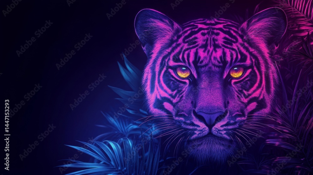 Obraz premium Vibrant neon tiger portrait with glowing eyes striking pose dark background luminous wildlife feline majestic predator detailed illustration