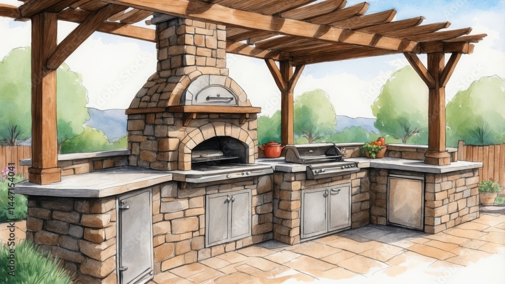 Fototapeta premium Outdoor Kitchen Design Stone Grill Watercolor Sketch