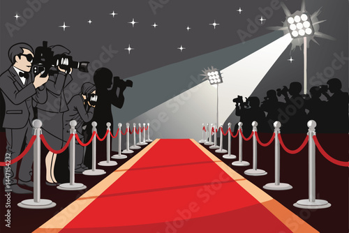 Design a vibrant vector background for a movie premiere event, featuring a red carpet, flashing cameras, and celebratory elements.  Include realistic details.