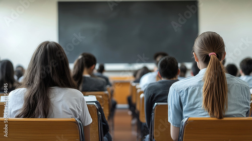 Students seated in a lecture hall, facing the front.  Back view of many students in rows of chairs, looking toward a dark gray chalkboard