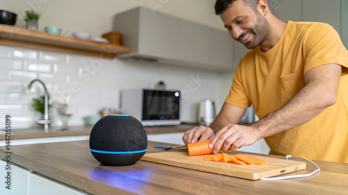 A man cuts carrots on a cutting board, with an Amazon Dot speaker nearby, blending cooking and technology in the kitchen