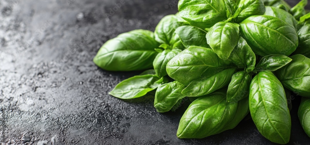 Fototapeta premium Fresh Basil Leaves on Dark Background: Culinary Herb Photography