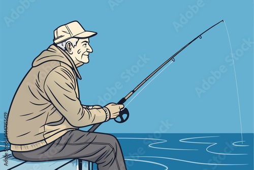 A serene image of an elderly man patiently fishing at a tranquil lake's edge at sunrise, showcasing calmness and solitude.