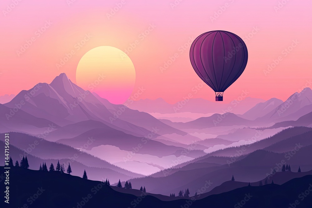 Fototapeta premium A hot air balloon soaring over the misty mountains at sunrise, a beautiful landscape with ample space for text and a travel concept. 