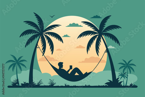 A relaxed person lounging in a hammock slung between two lush palm trees on a sunny day, enjoying a tranquil moment.