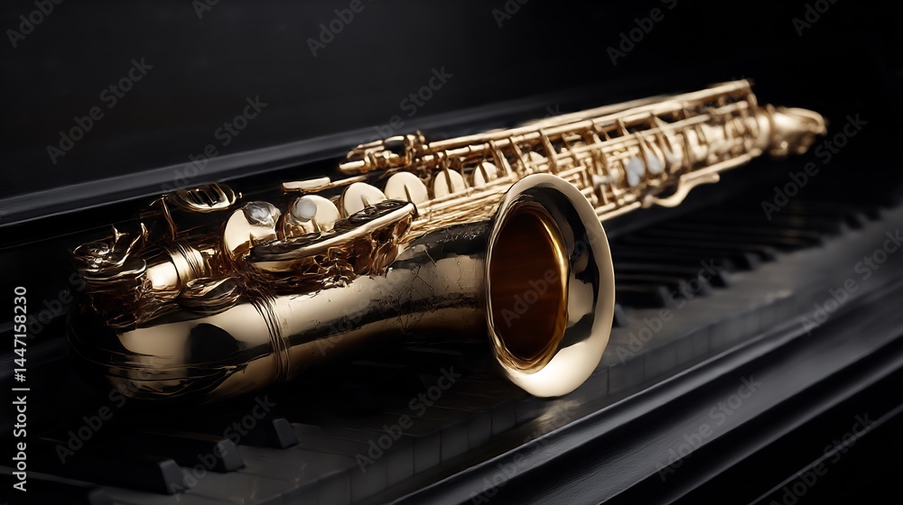 Naklejka premium Elegant golden saxophone resting on classic black piano keys for musical expression