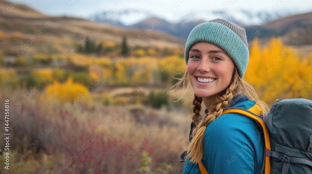 Smiling woman with backpack enjoys a scenic fall hike in the mountains. Use for outdoor adventure, travel, active lifestyle, and healthy living. Smiling woman with backpack enjoys a scenic fall hike in the mountains. Use for outdoor adventure, travel, active lifestyle, and healthy living.