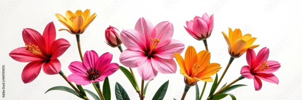 Fototapeta premium Vibrant, symmetrical floral bouquet; delicate petals, bold hues on white background , floral design, colorful, elegant