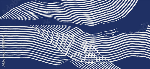 Crafted hand drawn brush line abstract minimal flowing waves and water background, Japanese and ethnic wood carving, engraving texture graphic in white and blue, for textile, carpet, decoration
