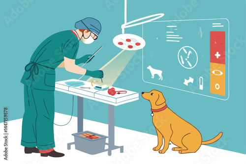Illustrate a veterinary surgical procedure enhanced by an augmented reality overlay showing anatomical data.  Vector art style required.