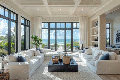Cozy living room with white sofa and chairs, ocean views from large windows in Palm Beach, Florida, coastal style, luxury design, and blue accents.