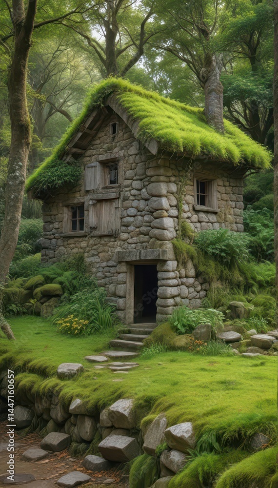Ancient stone hut, overgrown with moss, secluded forest setting , rustic, aged, fantasy Ancient stone hut, overgrown with moss, secluded forest setting , rustic, aged, fantasy