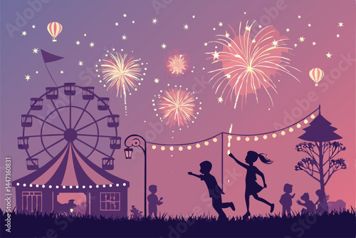 Design a vibrant poster for a summer night carnival, showcasing lively scenes, twinkling lights, and joyful people enjoying rides and games.  Include a whimsical, slightly retro style.