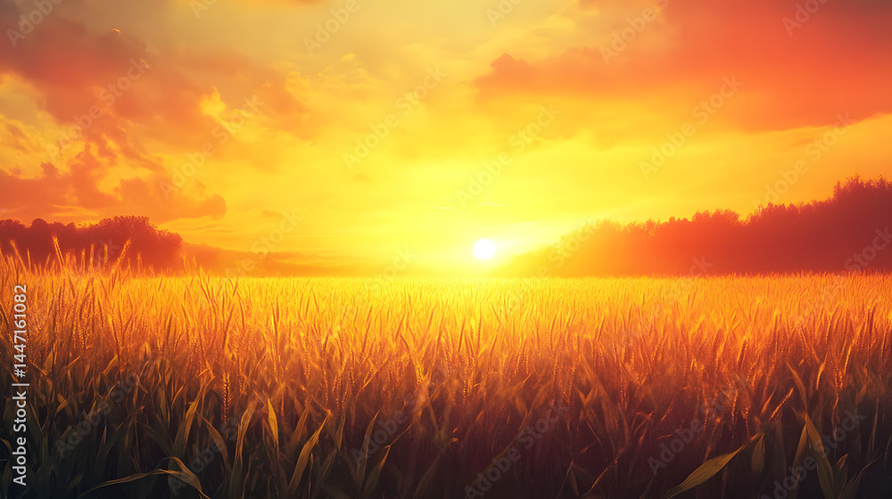 Fototapeta premium Sun-drenched open field glows at golden hour, bathed in warm light and tranquility