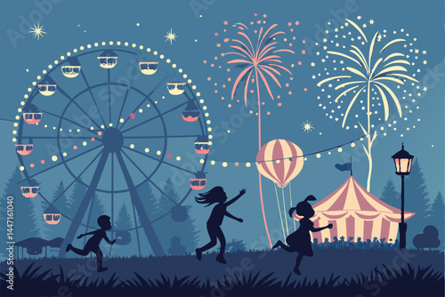 Design a vibrant poster for a summer night carnival, showcasing lively scenes, twinkling lights, and joyful people.  Include playful carnival elements.