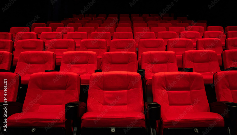 Obraz premium row of vibrant red seats in theater creates striking visual, inviting viewers to enjoy cinematic experience. empty seats evoke sense of anticipation and excitement