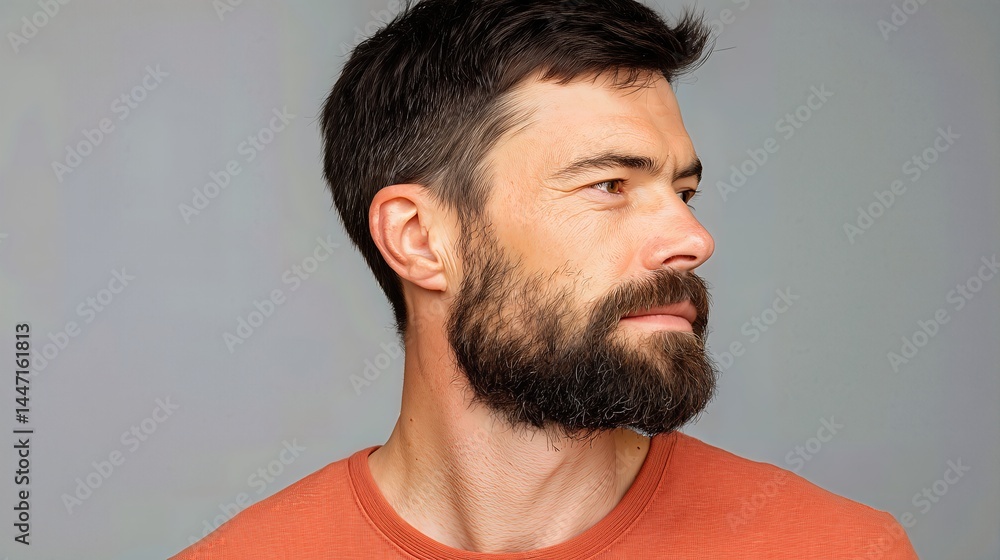 Obraz premium A handsome bearded man with dark hair looks off-camera in a studio portrait, wearing a casual orange t-shirt against a neutral gray background. 