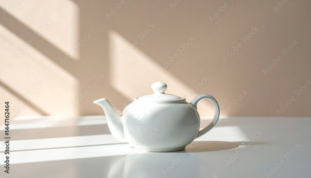 white ceramic teapot sits elegantly on table, illuminated by soft sunlight casting gentle shadows. This serene scene evokes sense of calm and simplicity white ceramic teapot sits elegantly on table, illuminated by soft sunlight casting gentle shadows. This serene scene evokes sense of calm and simplicity