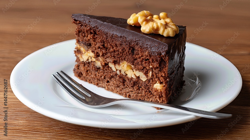 Set on a rustic wooden table, the chocolate dessert slice with walnut detail invites indulgence Set on a rustic wooden table, the chocolate dessert slice with walnut detail invites indulgence