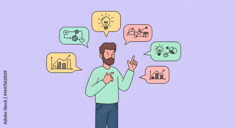 Cartoon man presenting business concepts with creative speech bubble ideas Cartoon man presenting business concepts with creative speech bubble ideas