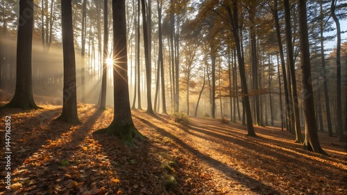 Golden Hour Sunburst in Serene Autumn Forest with Long Shadows and Panoramic View
