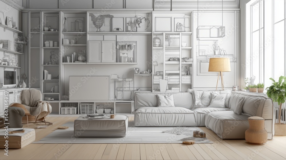 Fototapeta premium 3D home design process in motion: cupboards being installed, sofas materializing, and decor elements filling an empty loft