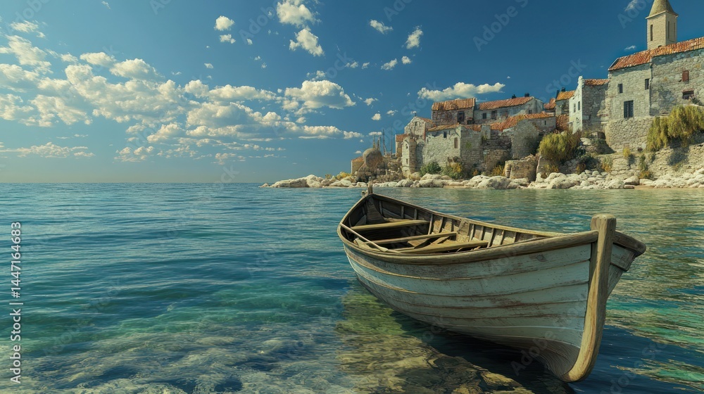 Obraz premium Picturesque Coastal Village with Rowboat
