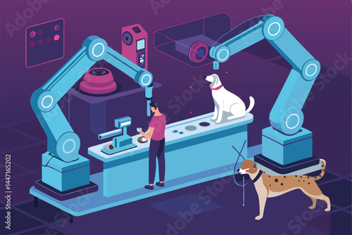 Futuristic veterinary laboratory utilizing AI-controlled robotic arms for automated diagnostics and procedures.  High-tech, sterile environment.