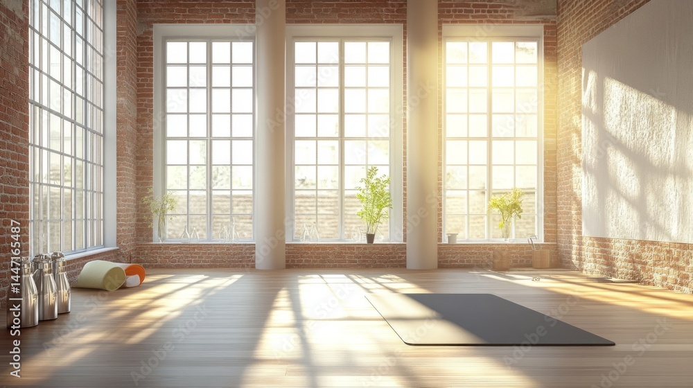 Clean modern loft with sunlight streaming through large windows, yoga mat and water bottle suggest home fitness activity Clean modern loft with sunlight streaming through large windows, yoga mat and water bottle suggest home fitness activity