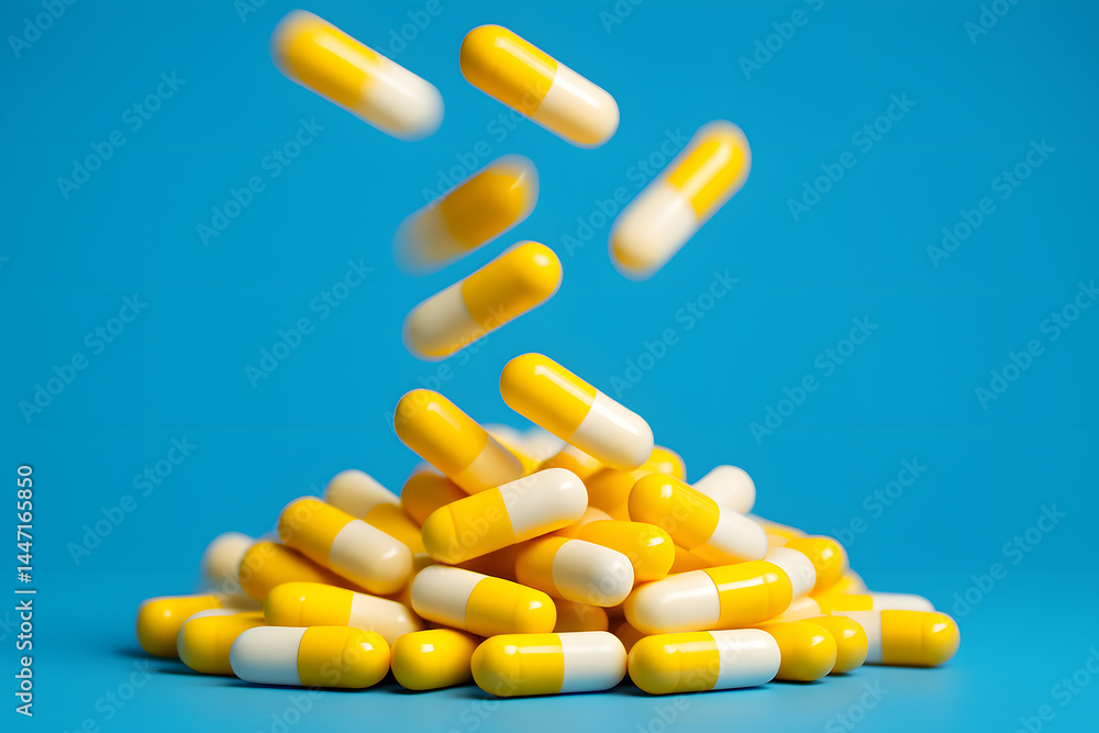 Falling Yellow and White Capsules on a Blue Background Falling Yellow and White Capsules on a Blue Background