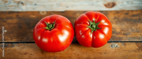 Two plump, red beefsteak tomatoes on a rustic wooden surface, texture, two tomatoes