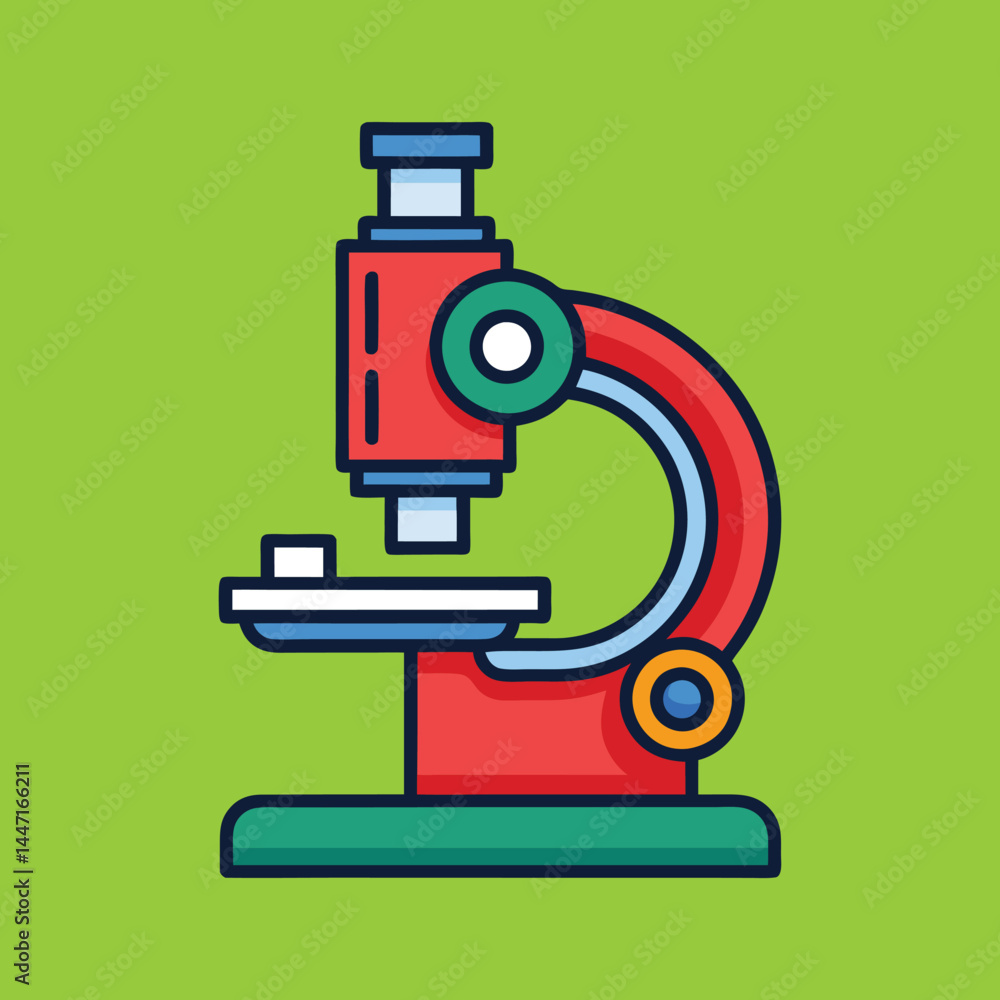 Cartoon illustration of a colorful stylized microscope against a green background Cartoon illustration of a colorful stylized microscope against a green background