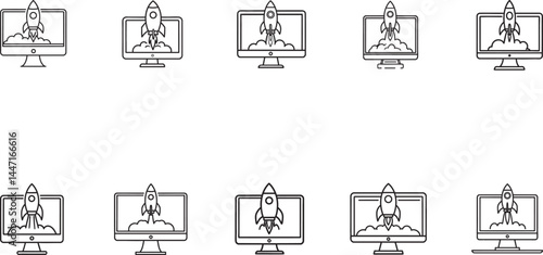A set of computer monitor outlines featuring rocket launch icons, symbolizing technology, innovation, and start-up concepts. Ideal for business, science, and programming-related creative projects.

