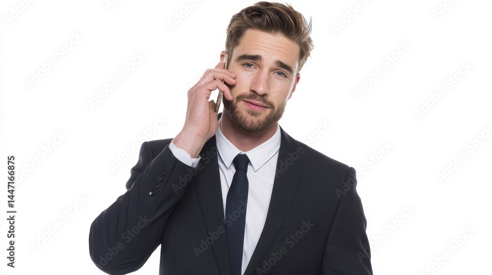 Confident Businessman on Phone Call, Adjusting Tie Confident Businessman on Phone Call, Adjusting Tie