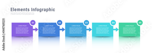 Five rectangular colored infographic elements with space for text and arrows. Infographic template with five steps or options