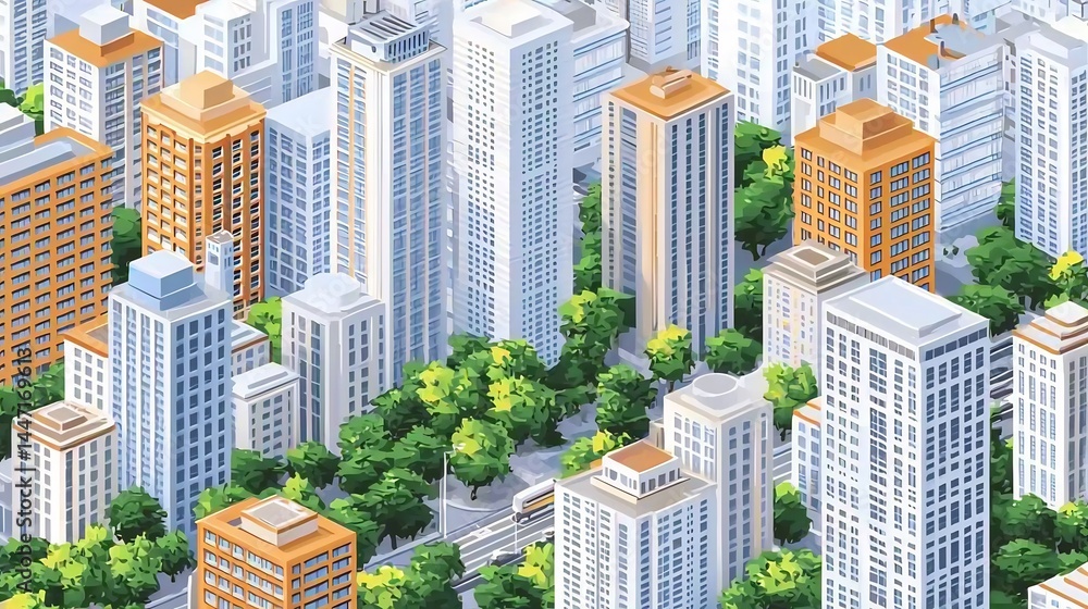 Obraz premium Isometric 3D cityscape varied buildings roads and greenery showing urban balance