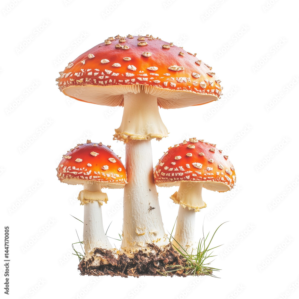 Obraz premium Vibrant fly agaric mushrooms on a white background showcasing their striking colors and unique shapes, fly agaric mushrooms, white background