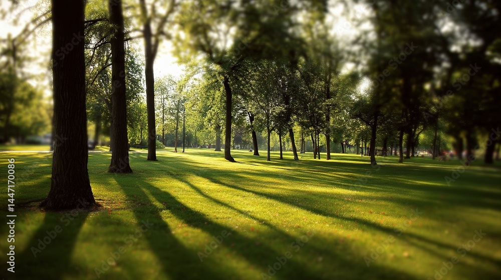 Sunlit Park with Soft Shadows from Scattered Trees in Background Sunlit Park with Soft Shadows from Scattered Trees in Background