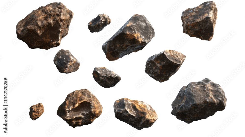 Collection of Floating Asteroids in Dark Space with Distinctive Textures and Irregular Shapes Collection of Floating Asteroids in Dark Space with Distinctive Textures and Irregular Shapes