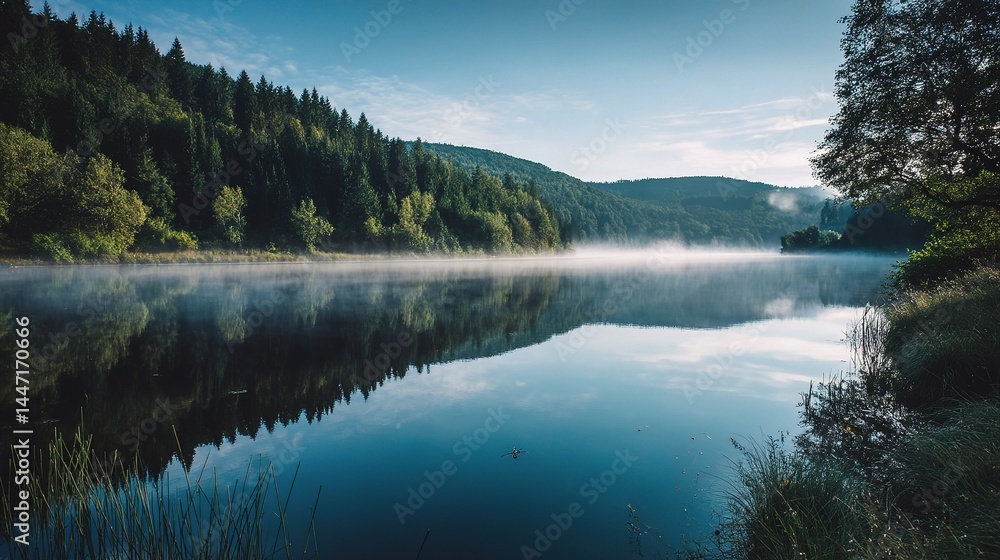 Tranquil Early Morning Mist Over Calm Lake Surrounded by Forest Tranquil Early Morning Mist Over Calm Lake Surrounded by Forest