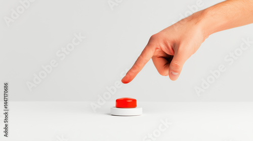 Hand about to press red panic button on white surface – decision, risk, emergency concept background with copy space 