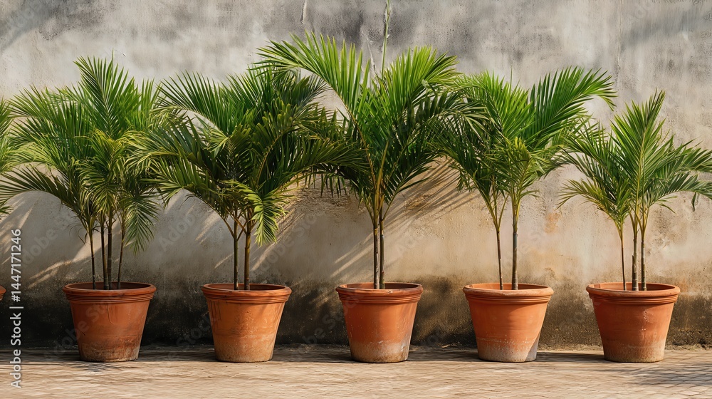Obraz premium Tropical palm trees in terracotta pots stand under the sun, their lush green leaves contrasting beautifully with the earthy brown trunks. 